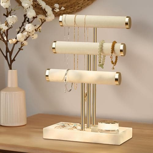 3 Tier Bracelet Holder Display - Beige Velvet Jewelry Organizer Stand, Detachable T Bar Jewelry Holder for Bracelet, Necklace, Watches, Rings thumbnail 5