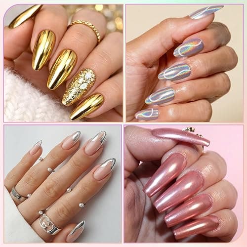DRMODE Chrome Nail Powder, 6 Colors Gold Silver White Pearl Holo Rose Gold | Mirror Effect Iridescent Holographic Pink Brown Chrome Powder Palette, Pigment Glitter Dust for Manicure Nails Art Decoration thumbnail 4