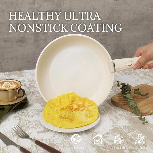 Ceramic Cookware Set Non Stick 8Pcs Pots and Pans Set Detachable Handle Induction Kitchen Cooking Set with Frying Pans Oven Dishwasher Safe, PFAS/PFOA Free, Cream White thumbnail 3