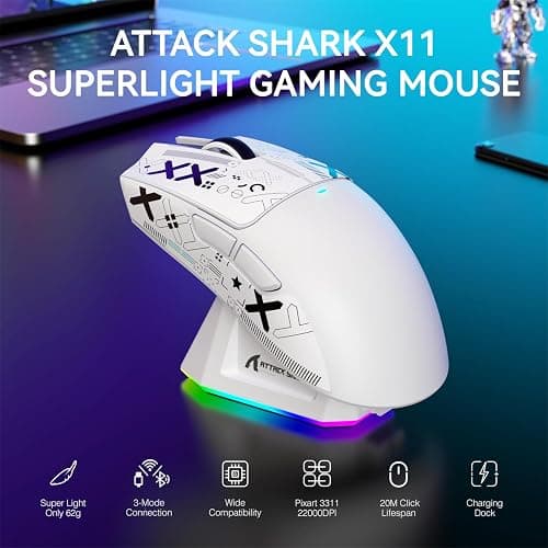ATTACK SHARK X11 Wireless Gaming Mouse, PAW3311 Sensor, Lightweight, RGB Charging Dock, 22,000 DPI, Tri-Mode Connectivity, 5 Programmable Buttons, Grip Tape Included - White thumbnail 2