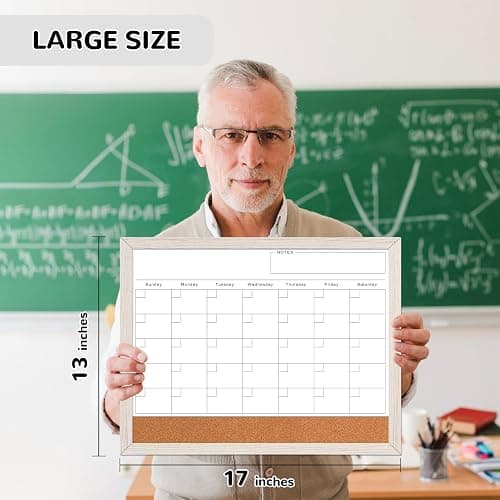 Monthly Whiteboard Calendar & Corkboard for Wall, Magnetic 17"x13" Dry Erase Board with White Wood Framed, 2in1 White Board Cork Board Combo, Calendar Bulletin Board for Kitchen Planner Memo Office thumbnail 3