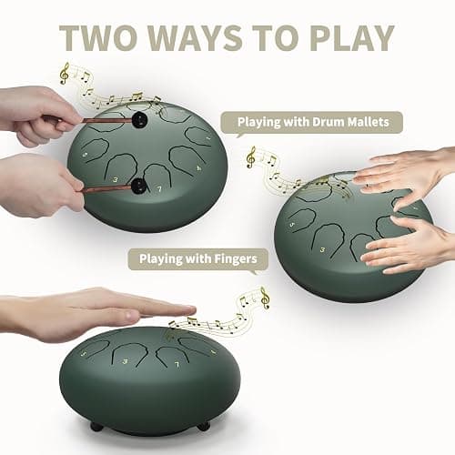Professional Steel Tongue Drum for Adults & Kids - 6 inch Hand Percussion Instrument Rain Drum with 8 Notes for Yoga, Meditation, Music Therapy & Concerts Play (Green, 6 Inch) thumbnail 5