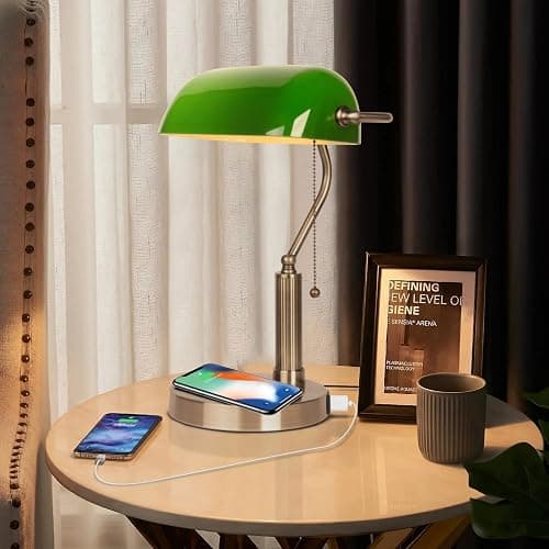 FIRVRE Glass Bankers Desk Lamp with Wireless Charger, 2 USB Charging Port, Vintage Desk Lamp with Pull Chain Switch, Retro Table Lamps for Home Office, Piano, Library (Bulb Included) thumbnail 5