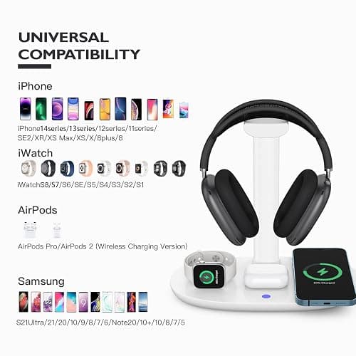 Headphone Stand with 15w Wireless Charger, Suguder 4 in 1 Charging Station Headset Holder for AirPods Max/Pro/4/3/2 iWatch 10/9/8/7/6/5/4/3/2/1/SE iPhone 17/16/15/14/13/12/11/X for Desktop Table Game thumbnail 2