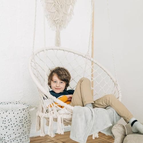 Macrame Hammock Chair Swing with Hardware Kits, Handmade Knitted Hanging Chair for Bedroom,Indoor,Outdoor, Balcony, Yard, Porch- 265 Pound Capacity -29.53" L x 29.53" W x 45.28" H thumbnail 8