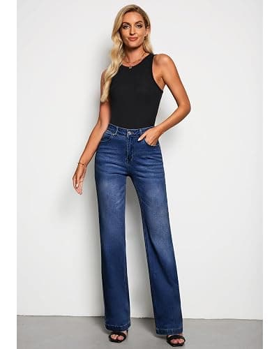 GRAPENT Womens Flare Jeans High Waisted Wide Leg Baggy Jean for Women Stretch Denim Pants thumbnail 5