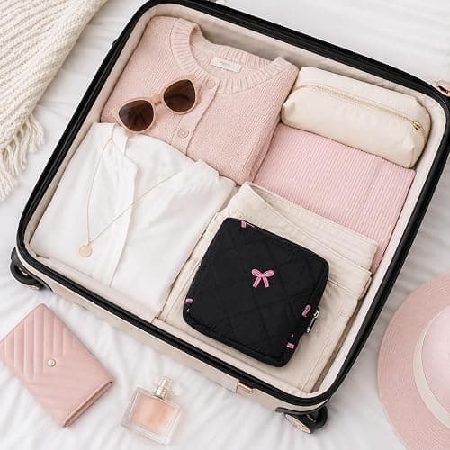 Portable Period Bag for Teen Girls, Quilted Sanitary Napkin Storage Bag Cute Bow Period Pouch for Pads Reusable Menstrual Pad Bags with Zipper Sanitary Napkin Storage Pouch First Gift for Women(Black) thumbnail 6