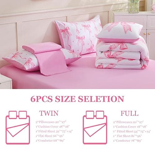 DORCAS Twin Size Bow Comforter Set 6Pcs Bed in A Bag for Girls Kids | Pink Girls Bedding Set,100% Microfiber,Whole-Piece Filling, Machine Washable, Deep-Pocket Sheet thumbnail 3