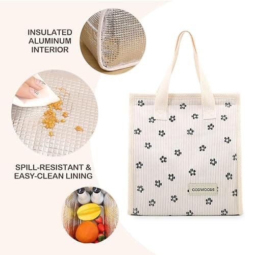 TELLUMO Corduroy Lunch Bag for Women Men Cute Lunch Bag Insulated Lunch Box with Large Capacity (7.5L) Reusable Lunchbag for Work, Picnic, Beach or Travel (S- Corduroy BlackClub) thumbnail 7