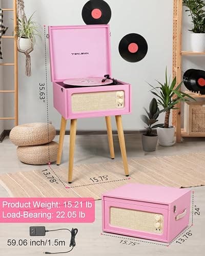 Vintage Standing Pink Vinyl Record Player with Detachable Legs, Built-in 4 Speakers, USB to PC Encoding, 33/45/78 RPM LP Player Bluetooth Retro Turntables Support Headphone Jack, RCA Out, AUX in thumbnail 10