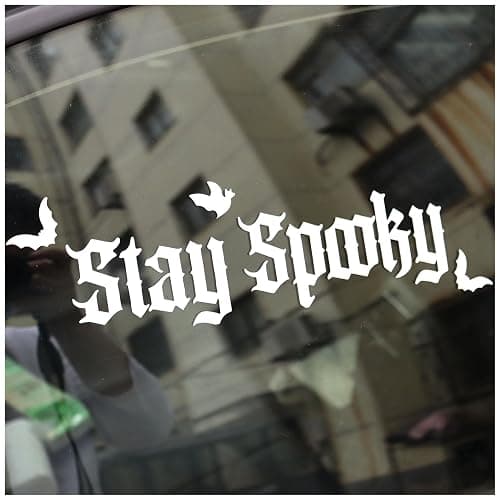 Eeexigee Stay Spooky Car Stickers - Gothic Style Car Decals with Bat Accents - 9.5in x 2.6in - 2Pack Set in Silver White, Black Style - Bumper Stickers for Car, Desks, Windows, Wall, Laptop thumbnail 4