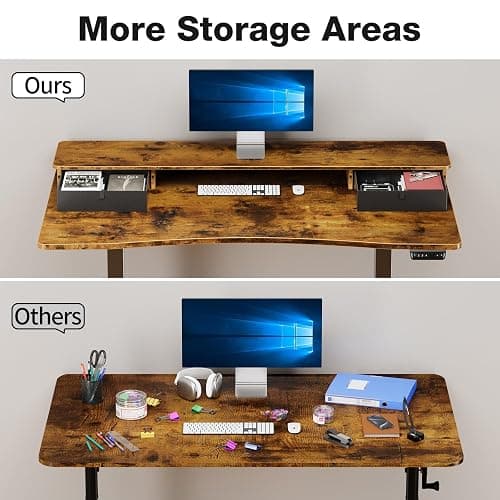 Veken 47.2"×27.6" Standing Desk with Storage Drawers, Adjustable Height Computer Table with Monitor Shelf, Home Office Desk for Study, Gaming, Workstation, Brown thumbnail 6