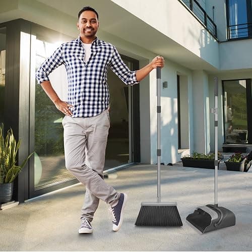 kelamayi Broom and Dustpan Set for Home, Office, Indoor&Outdoor Sweeping, Stand Up Broom and Dustpan (Black&Gray) thumbnail 7