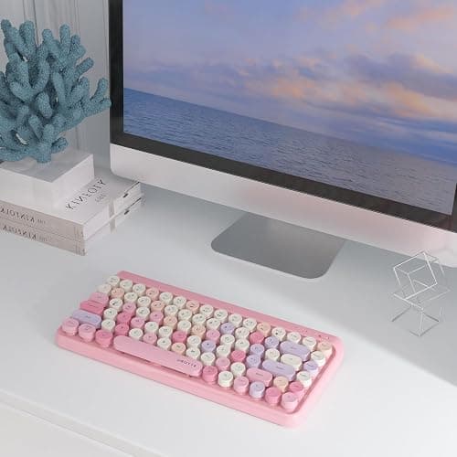 UBOTIE Portable Bluetooth Colorful Keyboards (Pink-Colorful) | Computer Wireless Mini Compact Retro Typewriter Flexible 84Keys Design Keyboard for PC Tablet thumbnail 5