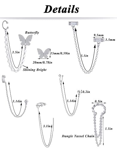 Tornito 6-12Pcs Cuff Earring Chain Leaf Snowflake Star Butterfly with CZ Crawler Climber Earring Studs Drop Dangling Chain Wrap Tassel Earring for Women Men 20G Silver Gold Tone thumbnail 2