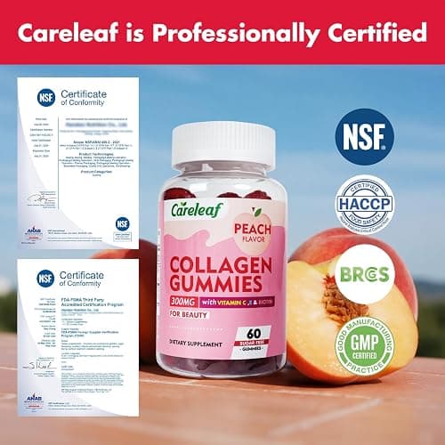 careleaf Sugar Free Collagen Gummies with Vitamin C Vitamin E Support Natural Collagen Production, Healthy Hair, Nails and Bones,Peach Flavor,60 Gummies for 30 Days Supply thumbnail 8