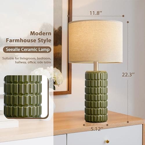 23" Modern Ceramic Table Lamps Set of 2 - Table Lamps for Living room, Farmhouse Bedside Night Stands Lamp for Bedroom, White Boho Nightstand Lamps Set of 2, Desk Lamp for End Table Home Decor(Green) thumbnail 5