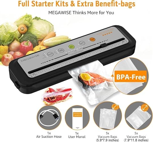 MEGAWISE 2025 Powerful Vacuum Sealer Machine | Compact Design | One-Touch Automatic | Seal in 10-20 Seconds | Dry, Moist, Wet, and Cold Modes | With 10 Vacuum Bags & Built-in Cutter (Grey) thumbnail 3