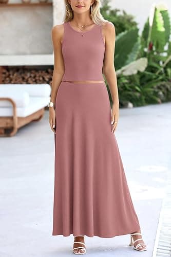 PRETTYGARDEN Women's 2 Piece Maxi Skirt Sets Casual Summer Knit Cropped Tank Top High Waisted Long Skirts Outfit thumbnail 6