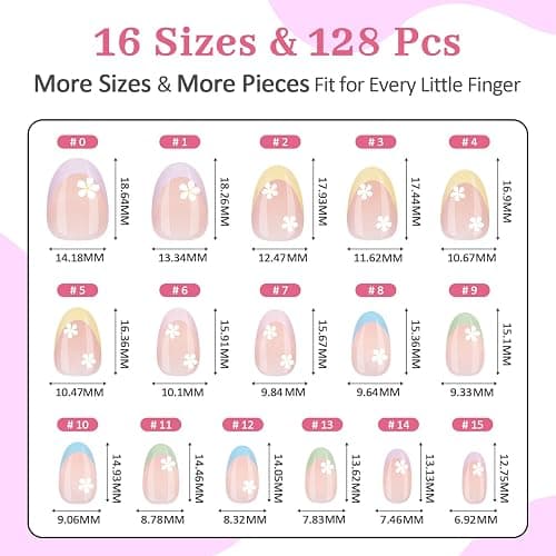 Qiek 16 Sizes 128 Pieces Press on Nails for Kids, 4 pack Kids Nail Kit Colorful Flower Almond Fake Nail Tips for Girls 8-12 Years Old with Jelly Nail Adhesives & Nail Glue Birthday Christmas Gifts thumbnail 4
