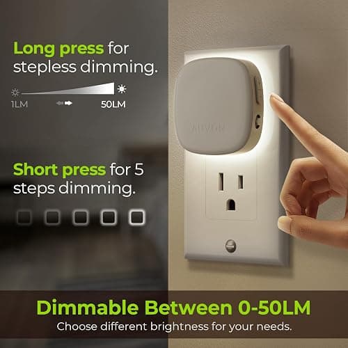 AUVON Plug-in LED Backlit Night Light with Motion Sensor & Dusk to Dawn Sensor, Dimmable Cool White Nightlight with 1-50 lm Adjustable Brightness for Bedroom, Bathroom, Stairs, Hallway (4 Pack) thumbnail 5