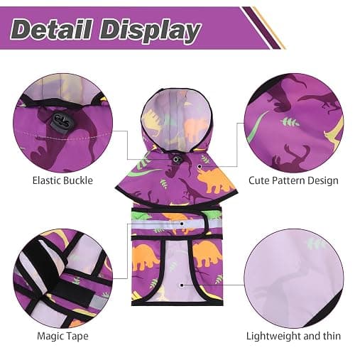 KOOLTAIL Dog Raincoat Hooded Slicker Poncho with Leash Hole, Raincoat for Small Medium Dogs, Waterproof Doggie Rain Jacket with Reflective Strip, Adjustable Breathable Puppy Rainwear-Dinosaur Cartoon thumbnail 3
