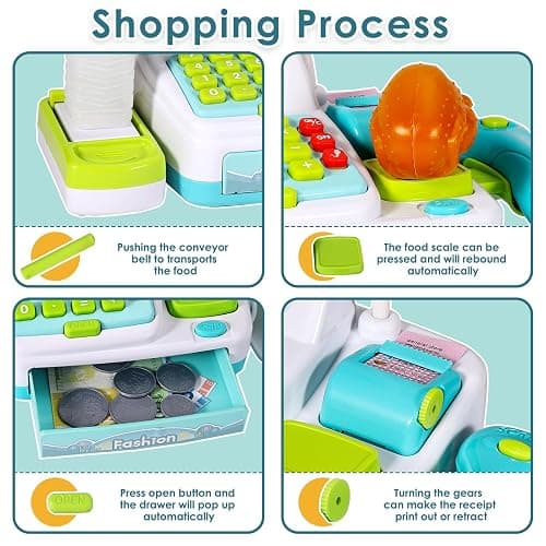 BUYGER Kids Till Cash Register with Scanner Pretend Shopping Playset | Sound and Light Scanner, Supermarket Dinette Cash Register for Children Birthday Gifts for 3 Years, Blue, 25 x 12 x 16 cm thumbnail 4