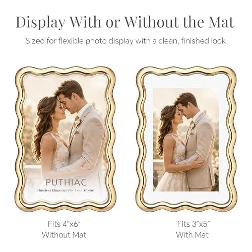 puthiac 4x6 Wavy Picture Frame, Zinc Alloy Gold Frame, Tempered Glass | Decorative wave profile with included 3x5 mat, ideal for wedding photos, anniversaries, portraits, and elegant home décor thumbnail 5