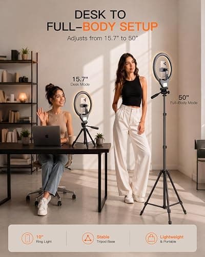 Sensyne Ring Light with Stand, 50" Phone Tripod for iPhone & Android, LED Ring Light with Remote, 3 Color Modes & 10 Brightness Levels for TikTok, Zoom & Video Recording thumbnail 5