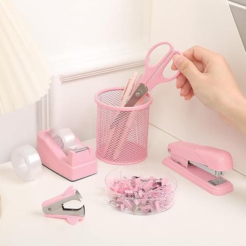SKYDUE Pink Stapler and Tape Dispenser Set, Pink Office Desk Accessories | Pink Office Supplies, Stapler, Tape Dispenser, Scissors, Clips and 1000pcs Staples,Office Supplies for Desk for Women thumbnail 2