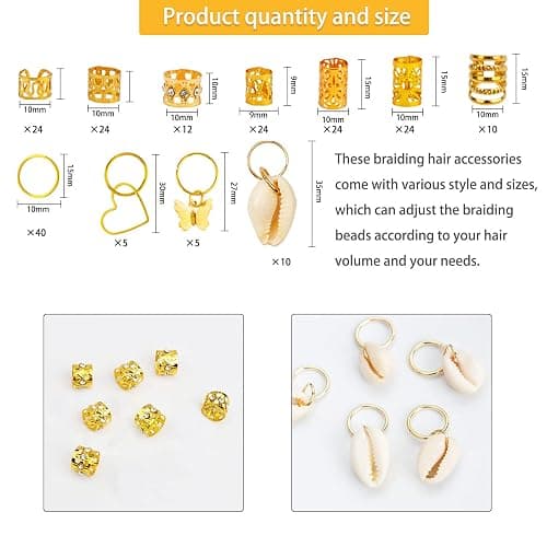 202 Pcs Jewelry for Women Braids, Locs Dreadlocks Beads Braid Rings/Cuffs Shells Heart Butterfly Hair Pendants/Clips for Dreadlock Accessories (Gold) thumbnail 3