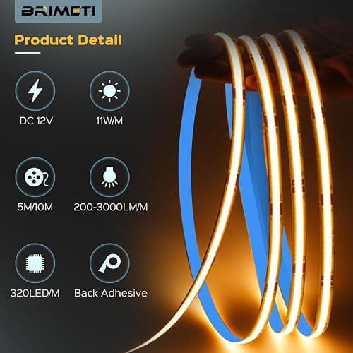 BRIMETI Striscia LED COB 12V 5M Luce LED Tubo Interno Autoadesivo 6000K Bianco Freddo 320LEDs/M Strisce Nastro Nastri Larghezza 8mm, per Cucina, Soggiorno, Bar Feste (Senza Alimentatore) thumbnail 4