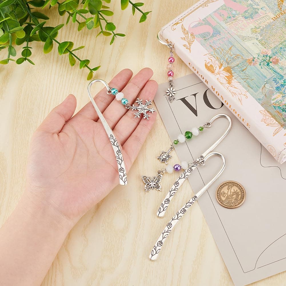 OLYCRAFT 4 Pcs Hook Alloy Bookmarks Glass Beaded Bookmarks Antique Silver Metal Bookmarks Vintage Bookmarks with Butterfly/Flower/Tortoise/Snowflake Pendant for Book Lovers - About 6.5 inch thumbnail 3