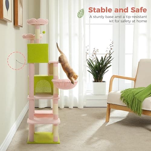 MUTTROS Flower Cat Tree Tall 70.8" for Adult Indoor Cats, 8-Levels Large Cat Tower with 8 Sisal Posts, 2 Hammocks, 2 Condos, Big Perch & 3 Pom Poms for Multi-Cats Household – Carpet Pink thumbnail 2