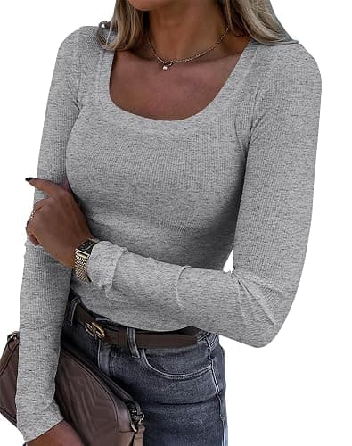 Roselux Womens Long Sleeve Scoop Neck Ribbed Knit Fitted Casual Tops Tee Slim Basic Shirts - Image 1
