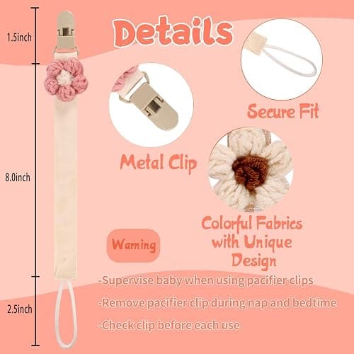 Baby's Breath 5 Pack Pacifier Clips with Adjustable Strap (14.5-18.3 in) - Handmade Boho Style Flower Design, Soft Textile Baby Holder Set for Girls, Neutral Colors for Any Outfit thumbnail 8