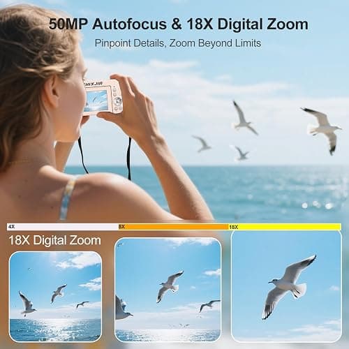 4K Digital Camera for Photography Autofocus, 50MP Vlogging Camera Kids with 2.8'' 180° Flip Screen 18X Zoom 32G Card Compact Point Shoot Cameras Anti Shake Flash Video Photo Batteries Girls Boys Pink thumbnail 3