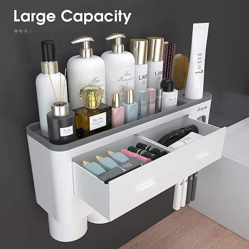 iHave Toothbrush Holders for Bathrooms, 4 Cups Toothbrush Holder Wall Mounted with Toothpaste Dispenser - Large Capacity Tray, 2 Cosmetic Drawer - Bathroom Organizer & Bathroom Accessories Set thumbnail 3