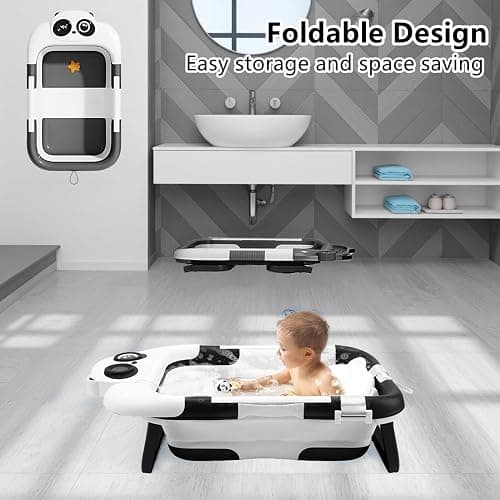 Collapsible Baby Bath Tub with Thermometer & Soft Cushion, Foldable Baby Bathtub Newborn to Toddler 0-36 Months, Portable Travel Bathtub Baby with Drain Plug, Save Space thumbnail 5