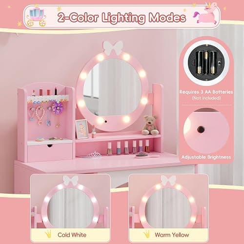 MU Kids Vanity Table and Chair Set – Princess Girls Vanity Set with Mirror, Lights, Jewelry Storage, and Cushioned Stool, Toddler Makeup Vanity for Little Girls (Pink) thumbnail 6