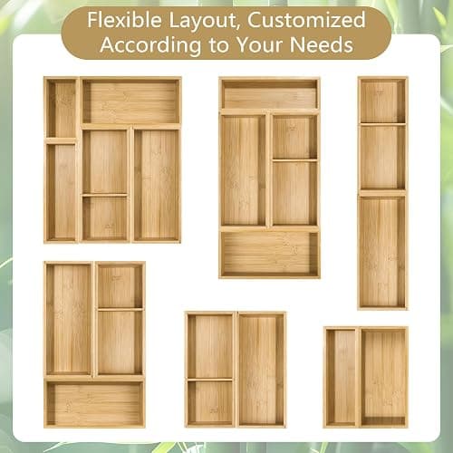 JPPSUJJ 5 Pack Bamboo Drawer Organizer Set, Multi-Use Junk Drawer Organizer for Bathroom, Kitchen, Office, Jewelry, Makeup thumbnail 7