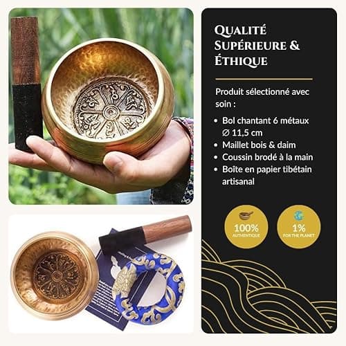 Zenamaste • Bol Tibétain Chantant Méditation Fait à la main à Bhaktapur (Népal) - 450gr ⌀11,5cm - Coffret Zen - Papier népalais - Coussin Bol Chantant (Métaux Anciens Chakra) - Maillet Bois thumbnail 5