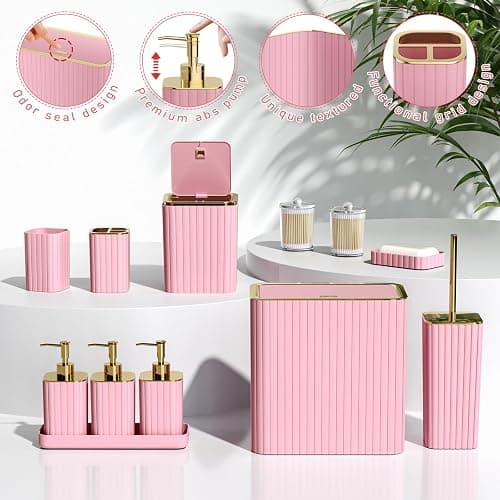 InnJoey Bathroom Accessory Set - Bathroom Set, 12PC Bathroom Accessories Set, Pink Bathroom Accessories Set, Mini Trash Can, Toilet Brush, Trash Can & Soap Dispenser thumbnail 5