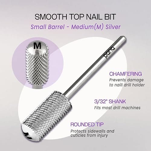 PANA 3/32" Small Smooth Round Top Safety Carbide Nail Drill Bit for Gel Polish & Acrylic Removal Nail Salon Manicure Pedicure Electric File Tools (Small Barrel - Silver, Medium) thumbnail 3