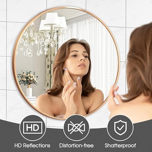 VASUHOME 24 Inch HD Gold Round Mirror for Wall, Modern Circle Mirror with Aluminium Frame, Decorative Wall Round Mirror for Bathroom, Living Room, Bedroom, Entryway thumbnail 4