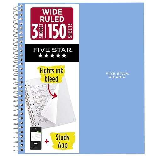 Five Star Spiral Notebook + Study App, 3 Subject, Wide Ruled Paper, 8" x 10-1/2", 150 Sheets, Fights Ink Bleed, Water Resistant Cover, Tidewater Blue (73184) - Image 1