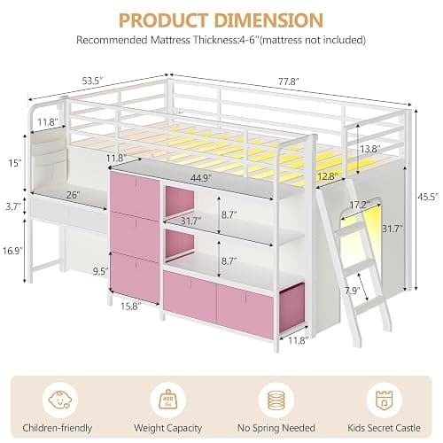 DICTAC Low Loft Bed with Desk and 6 Storage Drawers Twin Loft Bed with Bookshelf,LED Lights & Under-Bed Play Space,Kids Twin Beds with 13.8''H Safety Guardrail,Inclined Ladder&Play Curtain,Pink+White thumbnail 2