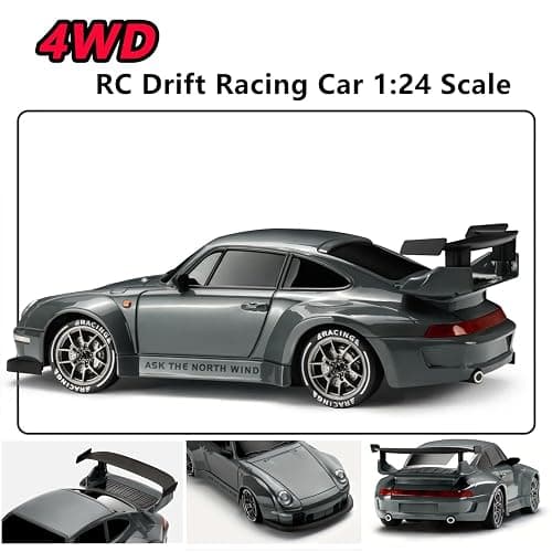 PIWIJOY RC Drift Car, 1:24 Scale Remote Control Vehicle with LED Lights,Drifting Tires＆Two Batteries, Racing Sports Toy Idea Gift for Adults Boys Girls and Kids Gray thumbnail 6
