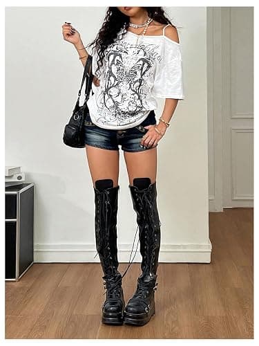 SOLY HUX Women's Cold Shoulder Tops Short Sleeve Oversized Graphic Tee Shirts Y2K Festival Outfits Streetwear thumbnail 5