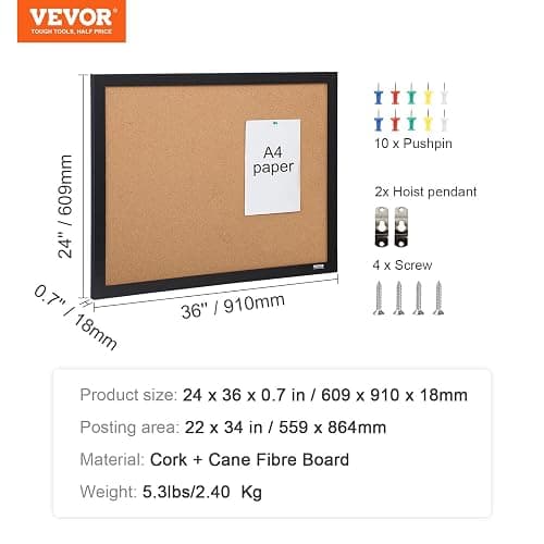 VEVOR Cork Board for Office, 36" x 24" Bulletin Board for Wall, Vision Board Push Pin Board with Framed for Office Home and School thumbnail 8